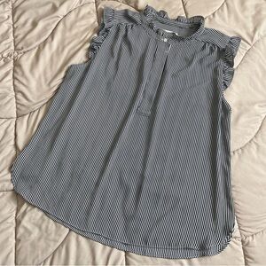 LOFT Navy and White Pinstripe Ruffle Sleeve Blouse